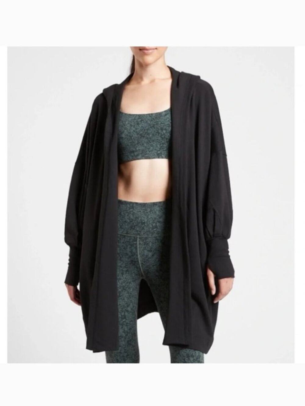 Athleta Mantra Wrap Black Oversized Hooded Sweatshirt Cardigan Sweater XL 600256